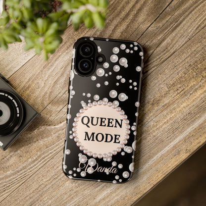 Personalized Boujee-Themed Tough iPhone 16 Plus Case (Black and Pearl Emblem)
