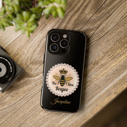 Personalized Boujee-Themed Tough iPhone 16 Pro Case (Black and Pearl Emblem)