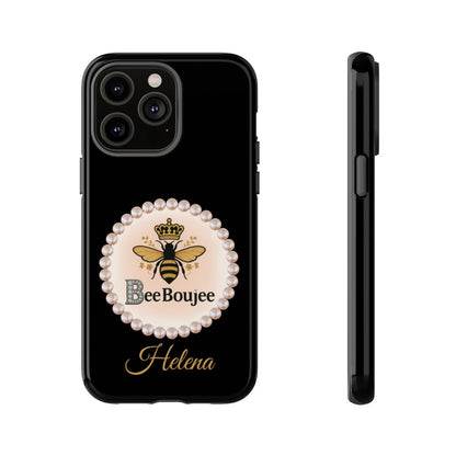Personalized Bee Boujee Themed Tough iPhone Cases 14/15/16 Plus/Pro/Pro Max (Black and Pearl Emblem)