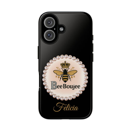 Personalized Bee Boujee Themed Tough iPhone Cases 14/15/16 Plus/Pro/Pro Max (Black and Pearl Emblem)