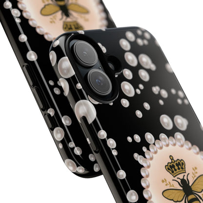 Personalized Boujee-Themed Tough iPhone 16 Plus Case (Black and Pearl Emblem)