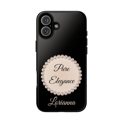 Personalized Boujee-Themed Tough iPhone 16 Plus Case (Black and Pearl Emblem)