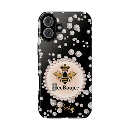 Personalized Boujee-Themed Tough iPhone 16 Plus Case (Black and Pearl Emblem)
