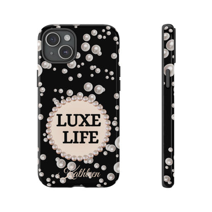 Personalized Luxe Life Themed Tough iPhone Cases 14/15/16 Plus/Pro/Pro Max (Black and Pearl Emblem)