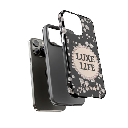 Personalized Luxe Life Themed Tough iPhone Cases 14/15/16 Plus/Pro/Pro Max (Black and Pearl Emblem)
