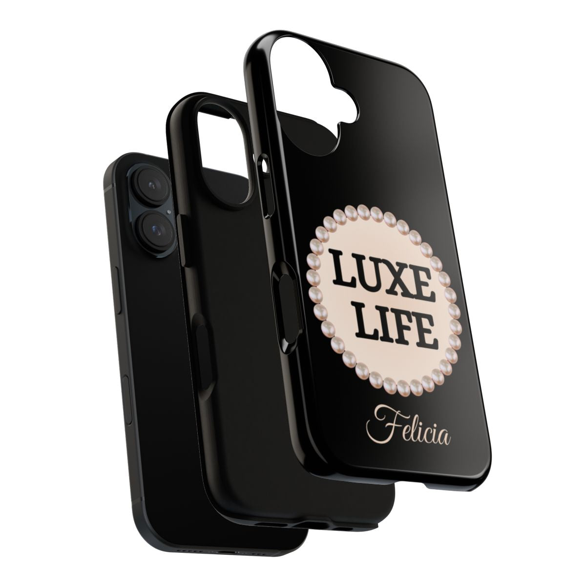 Personalized Luxe Life Themed Tough iPhone Cases 14/15/16 Plus/Pro/Pro Max (Black and Pearl Emblem)