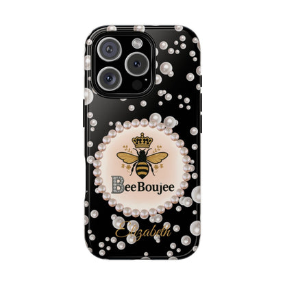 Personalized Bee Boujee Themed Tough iPhone Cases 14/15/16 Plus/Pro/Pro Max (Black and Pearl Emblem)