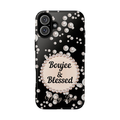 Personalized Boujee-Themed Tough iPhone 16 Plus Case (Black and Pearl Emblem)