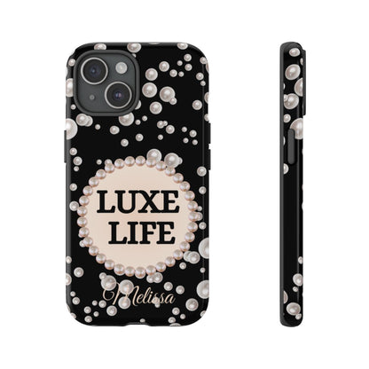 Personalized Luxe Life Themed Tough iPhone Cases 14/15/16 Plus/Pro/Pro Max (Black and Pearl Emblem)