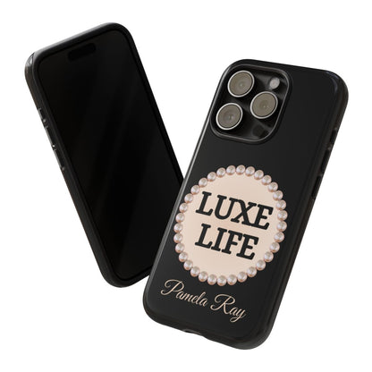 Personalized Luxe Life Themed Tough iPhone Cases 14/15/16 Plus/Pro/Pro Max (Black and Pearl Emblem)