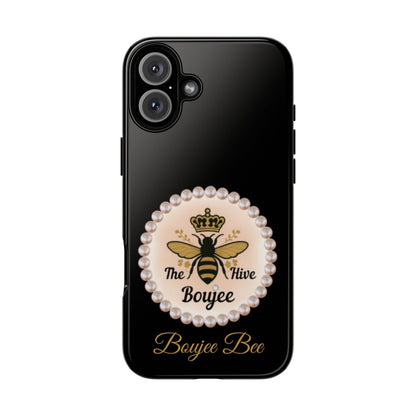 Personalized Boujee-Themed Tough iPhone 16 Plus Case (Black and Pearl Emblem)