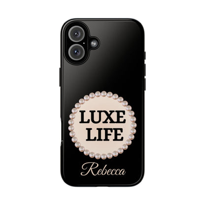 Personalized Boujee-Themed Tough iPhone 16 Plus Case (Black and Pearl Emblem)