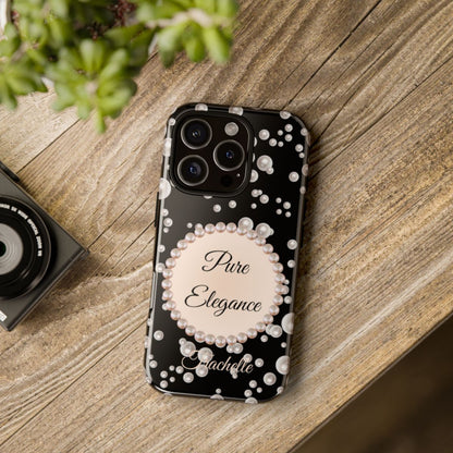 Personalized Boujee-Themed Tough iPhone 16 Pro Case (Black and Pearl Emblem)