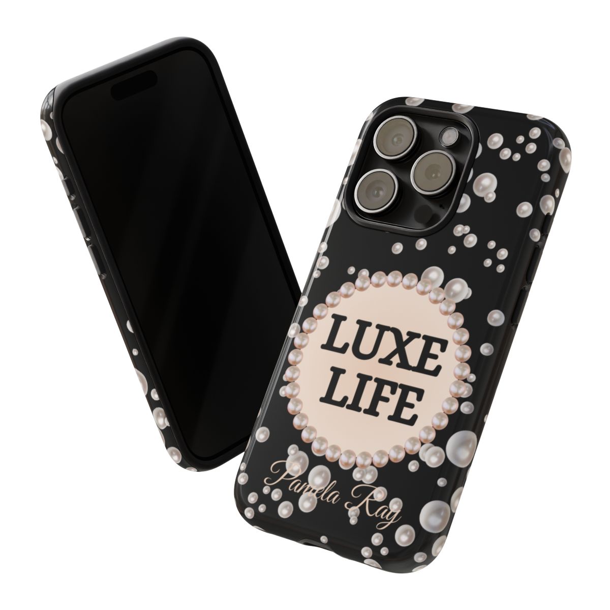 Personalized Luxe Life Themed Tough iPhone Cases 14/15/16 Plus/Pro/Pro Max (Black and Pearl Emblem)