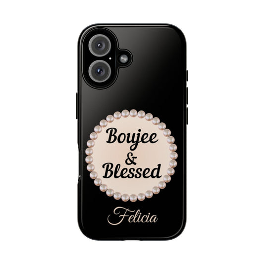 Personalized Boujee & Blessed Themed Tough iPhone Cases 14/15/16 Plus/Pro/Pro Max (Black and Pearl Emblem)