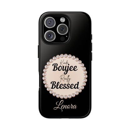 Personalized Boujee-Themed Tough iPhone 16 Pro Case (Black and Pearl Emblem)