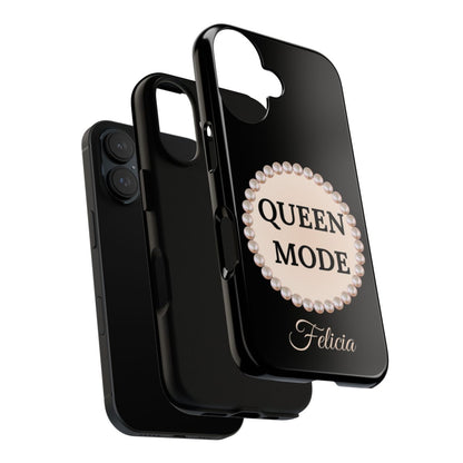 Personalized Queen Mode Themed Tough iPhone Cases 14/15/16 Plus/Pro/Pro Max (Black and Pearl Emblem)