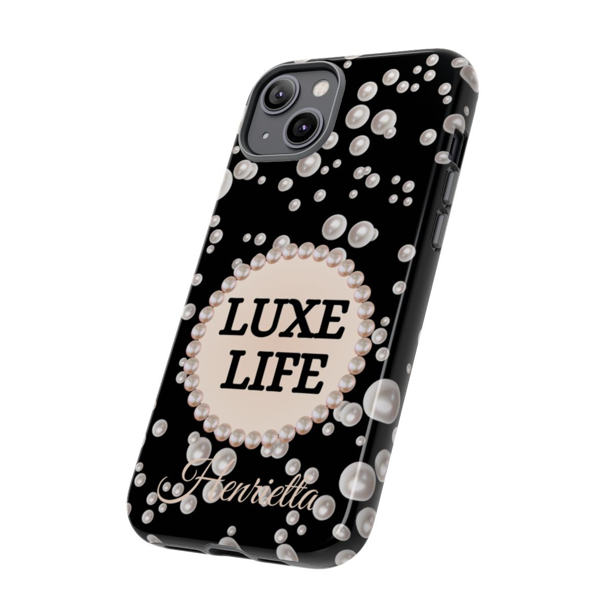 Personalized Luxe Life Themed Tough iPhone Cases 14/15/16 Plus/Pro/Pro Max (Black and Pearl Emblem)