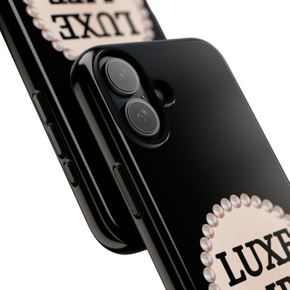 Personalized Boujee-Themed Tough iPhone 16 Plus Case (Black and Pearl Emblem)