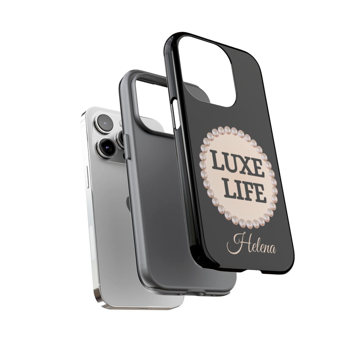 Personalized Luxe Life Themed Tough iPhone Cases 14/15/16 Plus/Pro/Pro Max (Black and Pearl Emblem)