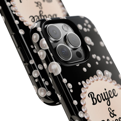 Personalized Boujee-Themed Tough iPhone 16 Pro Case (Black and Pearl Emblem)