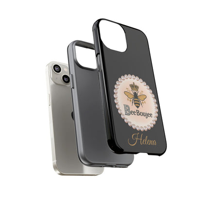 Personalized Bee Boujee Themed Tough iPhone Cases 14/15/16 Plus/Pro/Pro Max (Black and Pearl Emblem)