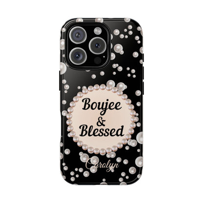 Personalized Boujee-Themed Tough iPhone 16 Pro Case (Black and Pearl Emblem)