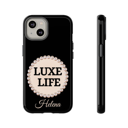 Personalized Luxe Life Themed Tough iPhone Cases 14/15/16 Plus/Pro/Pro Max (Black and Pearl Emblem)