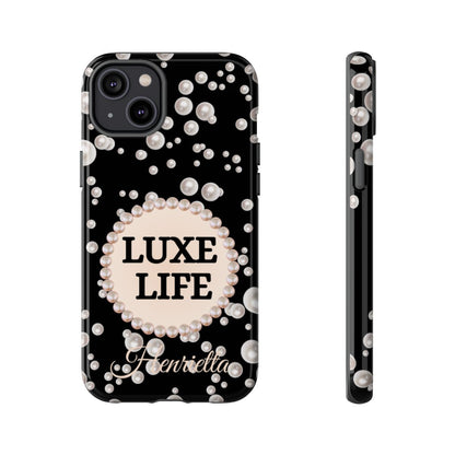 Personalized Luxe Life Themed Tough iPhone Cases 14/15/16 Plus/Pro/Pro Max (Black and Pearl Emblem)