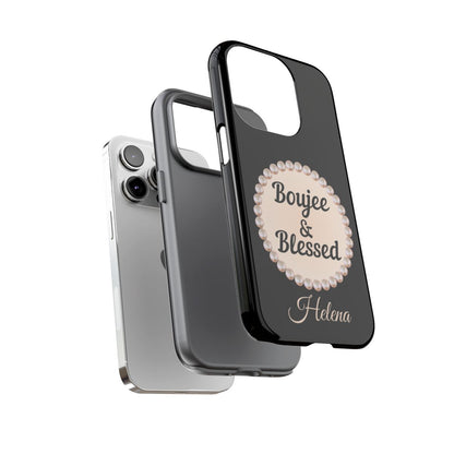 Personalized Boujee & Blessed Themed Tough iPhone Cases 14/15/16 Plus/Pro/Pro Max (Black and Pearl Emblem)