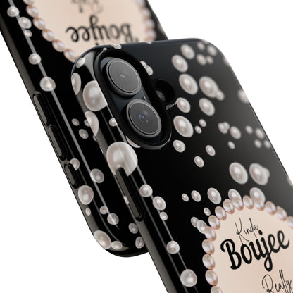 Personalized Boujee-Themed Tough iPhone 16 Plus Case (Black and Pearl Emblem)