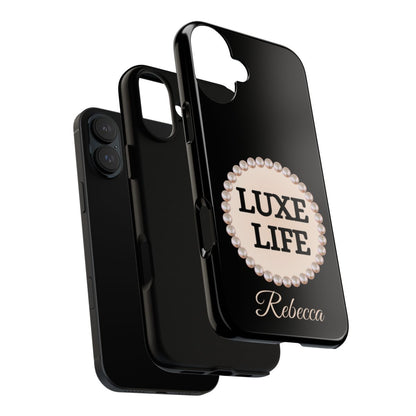 Personalized Boujee-Themed Tough iPhone 16 Plus Case (Black and Pearl Emblem)
