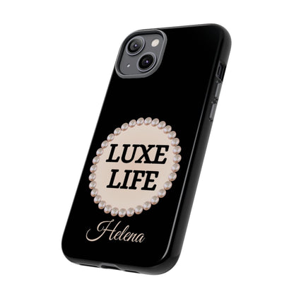 Personalized Luxe Life Themed Tough iPhone Cases 14/15/16 Plus/Pro/Pro Max (Black and Pearl Emblem)