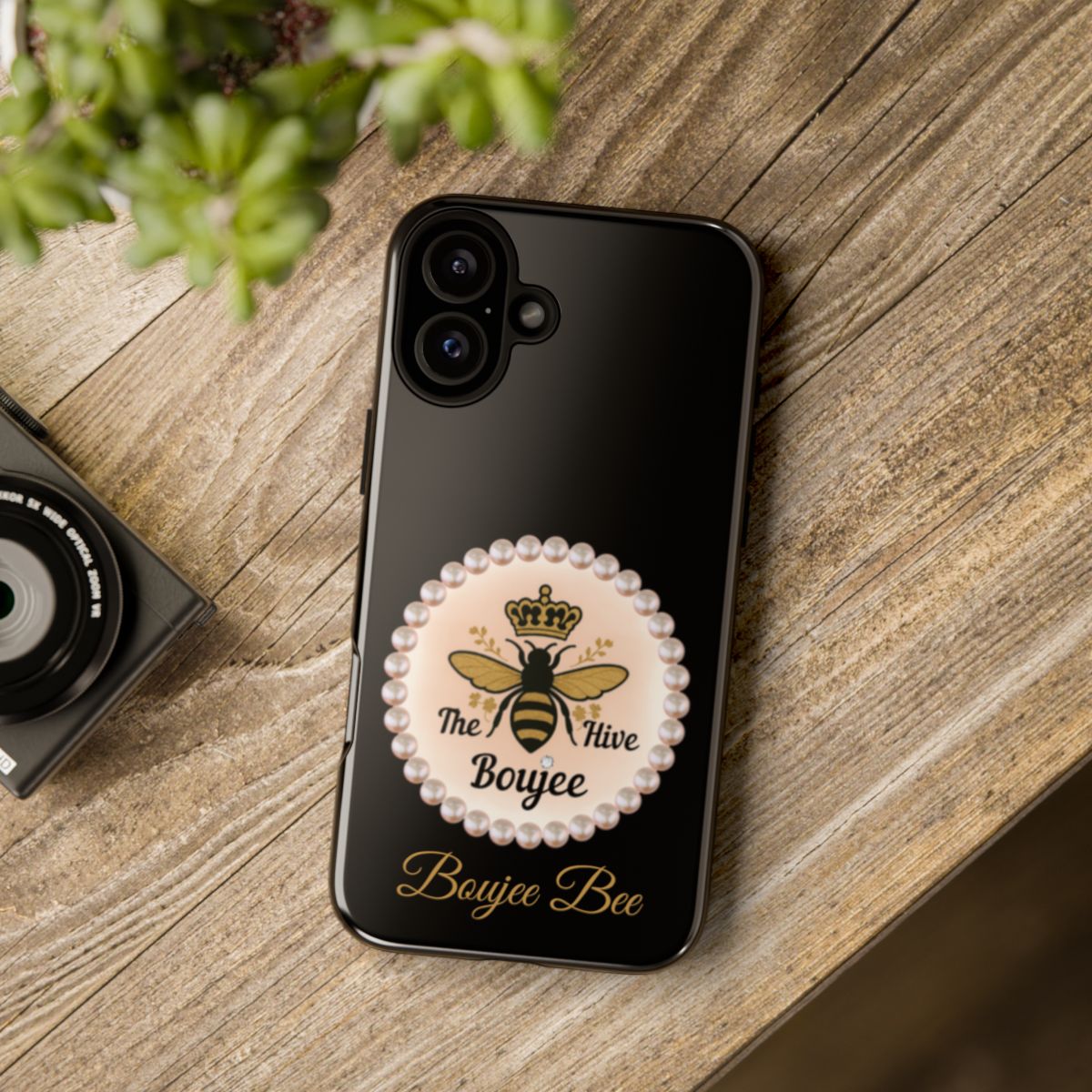Personalized Boujee-Themed Tough iPhone 16 Plus Case (Black and Pearl Emblem)