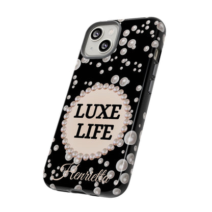 Personalized Luxe Life Themed Tough iPhone Cases 14/15/16 Plus/Pro/Pro Max (Black and Pearl Emblem)