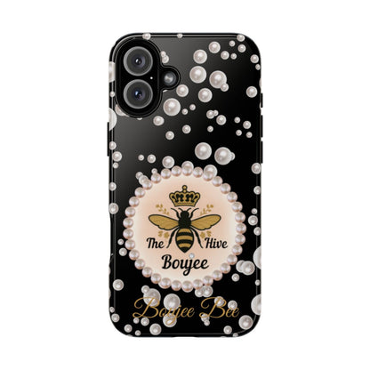 Personalized Boujee-Themed Tough iPhone 16 Plus Case (Black and Pearl Emblem)