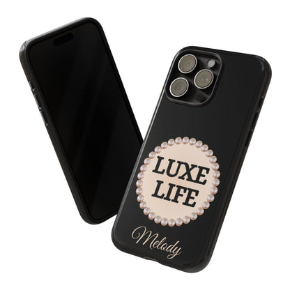 Personalized Luxe Life Themed Tough iPhone Cases 14/15/16 Plus/Pro/Pro Max (Black and Pearl Emblem)