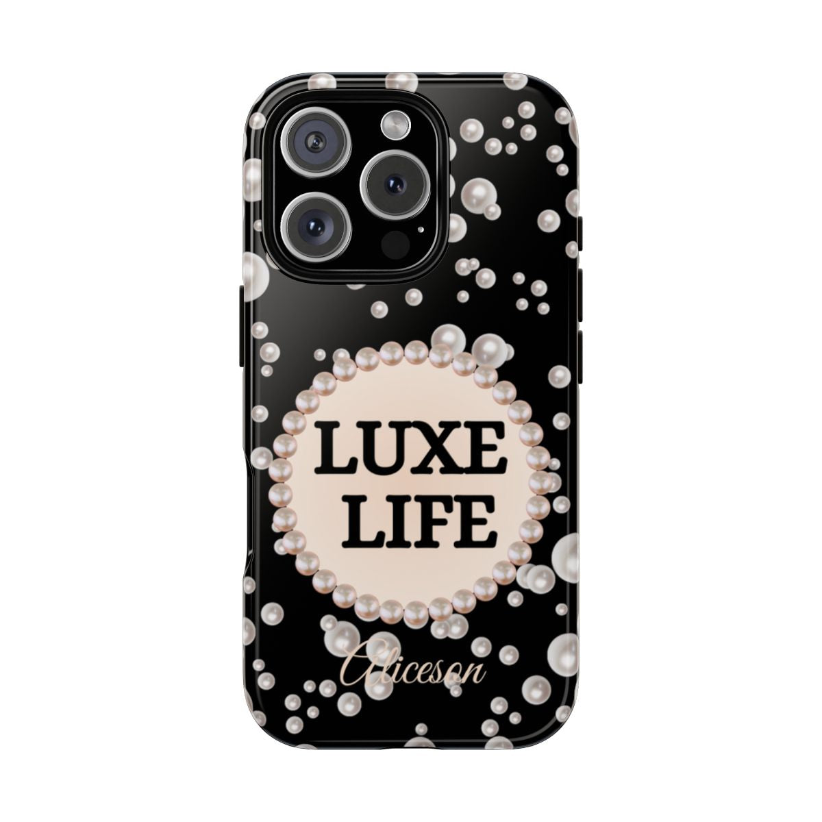 Personalized Boujee-Themed Tough iPhone 16 Pro Case (Black and Pearl Emblem)