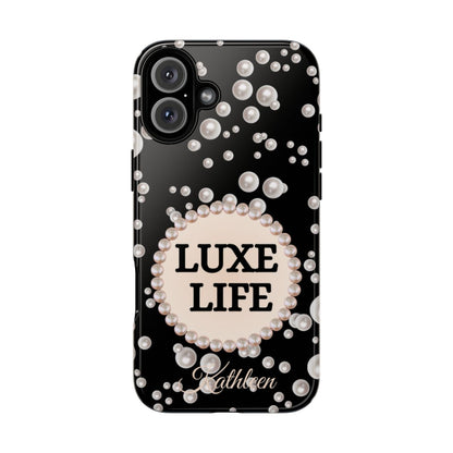 Personalized Luxe Life Themed Tough iPhone Cases 14/15/16 Plus/Pro/Pro Max (Black and Pearl Emblem)