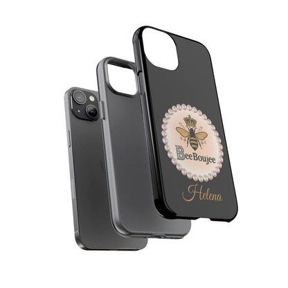Personalized Bee Boujee Themed Tough iPhone Cases 14/15/16 Plus/Pro/Pro Max (Black and Pearl Emblem)