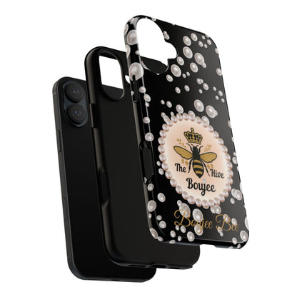 Personalized Boujee-Themed Tough iPhone 16 Plus Case (Black and Pearl Emblem)