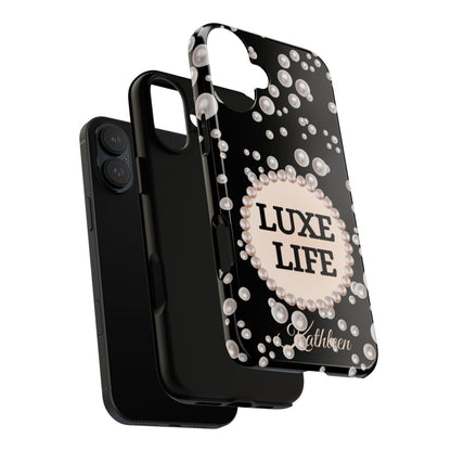 Personalized Luxe Life Themed Tough iPhone Cases 14/15/16 Plus/Pro/Pro Max (Black and Pearl Emblem)
