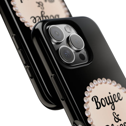 Personalized Boujee-Themed Tough iPhone 16 Pro Case (Black and Pearl Emblem)