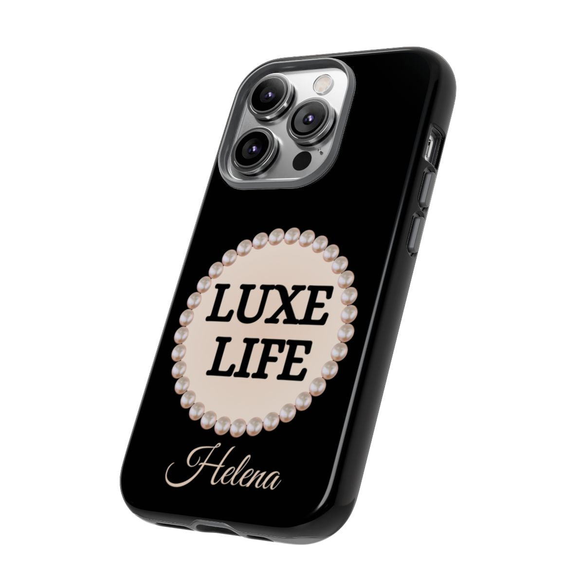 Personalized Luxe Life Themed Tough iPhone Cases 14/15/16 Plus/Pro/Pro Max (Black and Pearl Emblem)