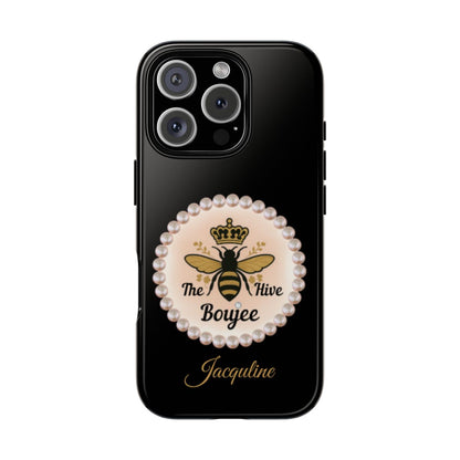 Personalized Boujee-Themed Tough iPhone 16 Pro Case (Black and Pearl Emblem)