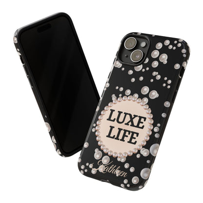 Personalized Luxe Life Themed Tough iPhone Cases 14/15/16 Plus/Pro/Pro Max (Black and Pearl Emblem)