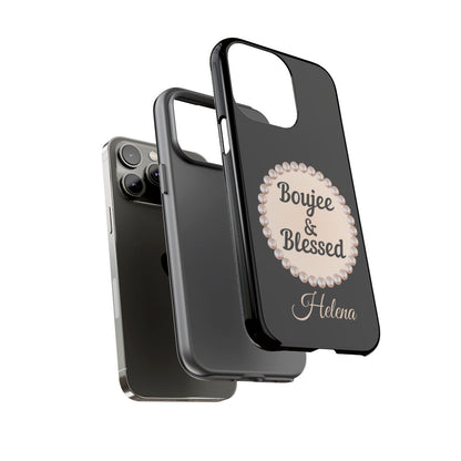 Personalized Boujee & Blessed Themed Tough iPhone Cases 14/15/16 Plus/Pro/Pro Max (Black and Pearl Emblem)