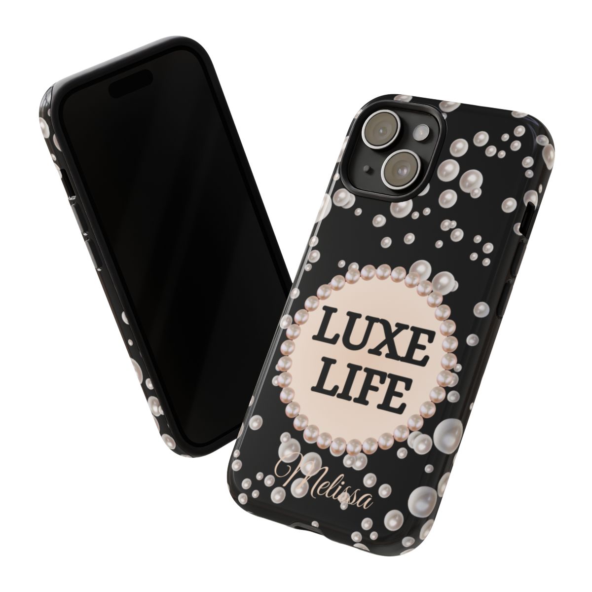 Personalized Luxe Life Themed Tough iPhone Cases 14/15/16 Plus/Pro/Pro Max (Black and Pearl Emblem)
