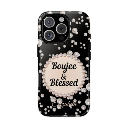 Personalized Boujee & Blessed Themed Tough iPhone Cases 14/15/16 Plus/Pro/Pro Max (Black and Pearl Emblem)