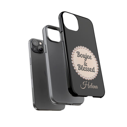 Personalized Boujee & Blessed Themed Tough iPhone Cases 14/15/16 Plus/Pro/Pro Max (Black and Pearl Emblem)